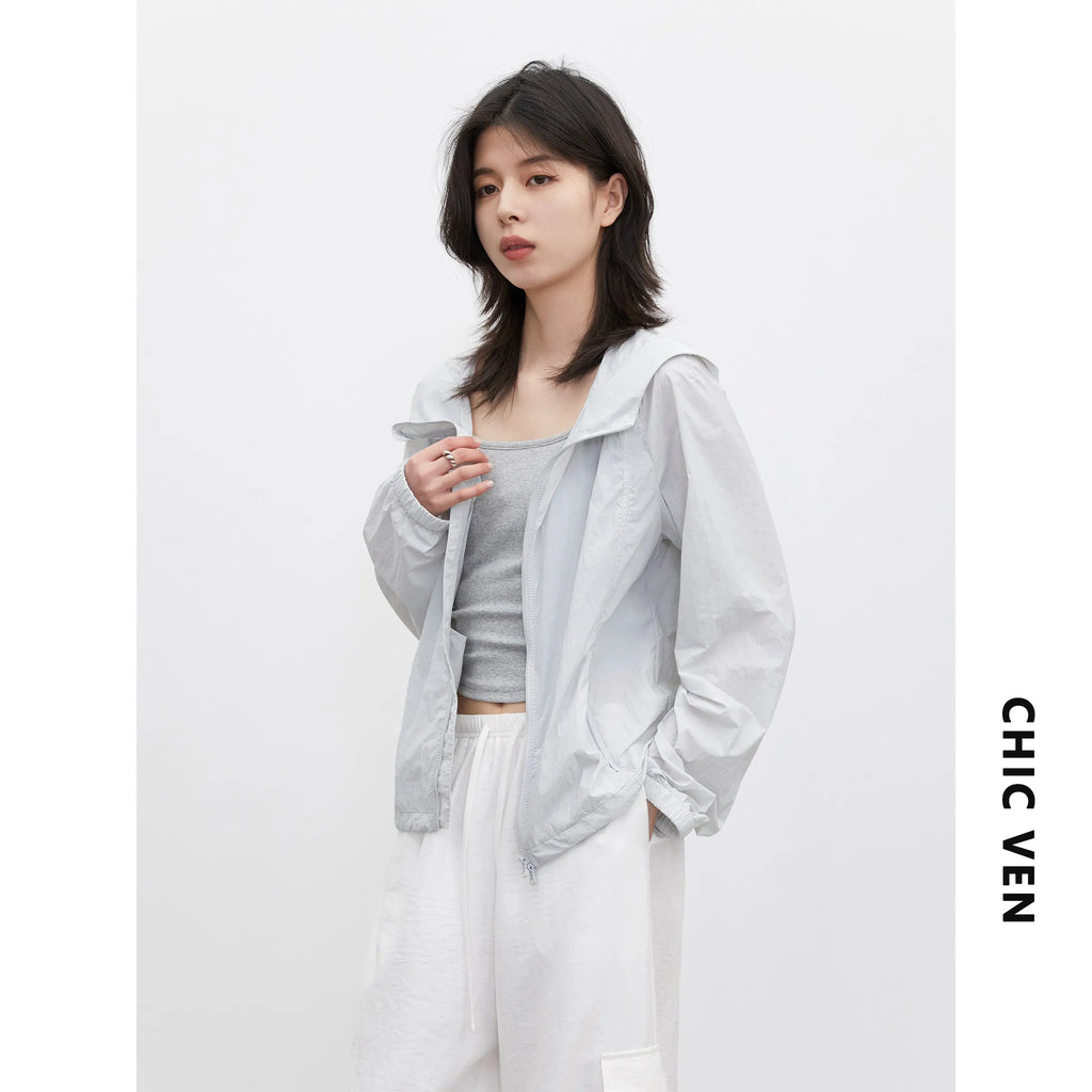 CHIC VEN Nouvelles vestes femme amples décontractées unies coupe-vent UPF50+ à capuche col montant manteau léger femme été 2026