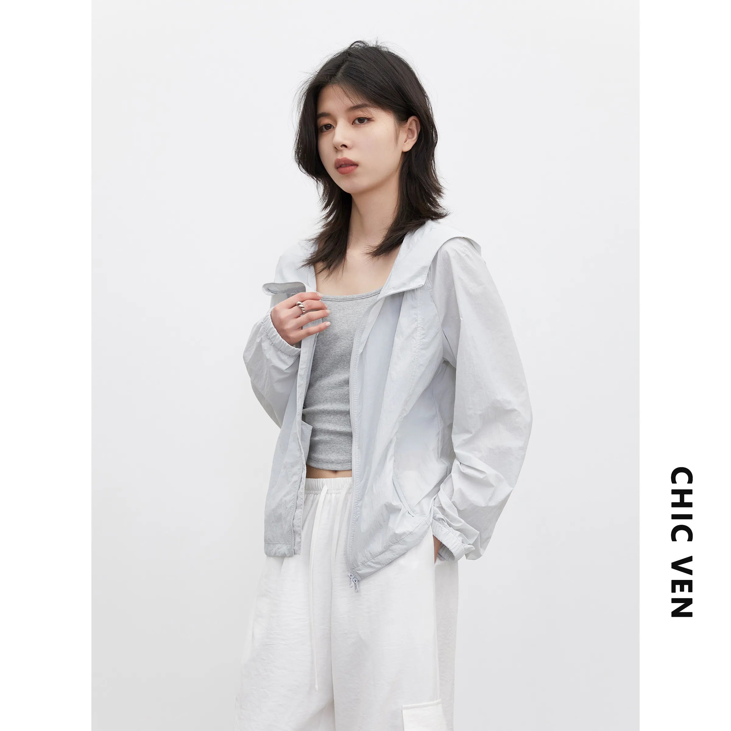 CHIC VEN Nouvelles vestes femme amples décontractées unies coupe-vent UPF50+ à capuche col montant manteau léger femme été 2026