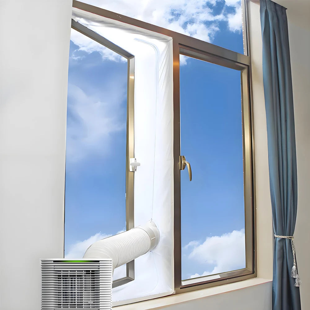 Air Conditioner Window Seal Kit, 3M/4M Flexible Cloth with Zip & Adhesive Fastener, Waterproof AC Sealing Plate for Mobile AC