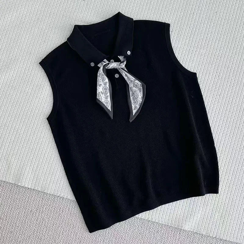 Women's Fashionable Summer 2026 Knitwear with Scarf Sleeveless Small Collar Trendy High-End Base Shirt Top