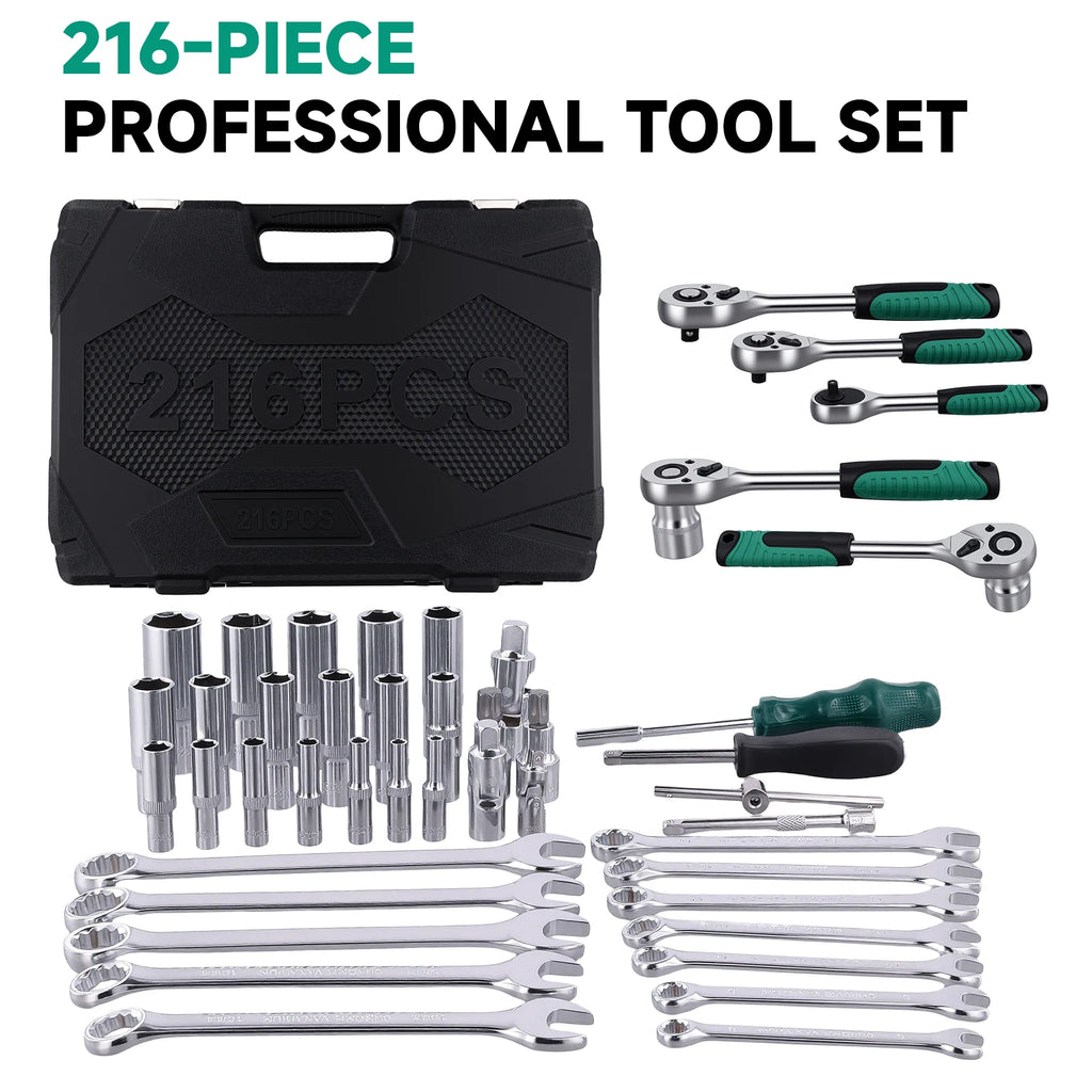 Podofo Socket Wrench Sets 214pcs 1/4inch 3/8inch 1/2inch 24-tooth Ergonomic Ratchet Wrench Mechanic Tool Set for Auto Repairing