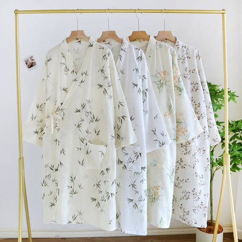 Cotton Fabric Bamboo Printed Sleepwear Bathrobes for Women Spring and Summer Double-layer Thin Home Clothing Pyjamas Robes