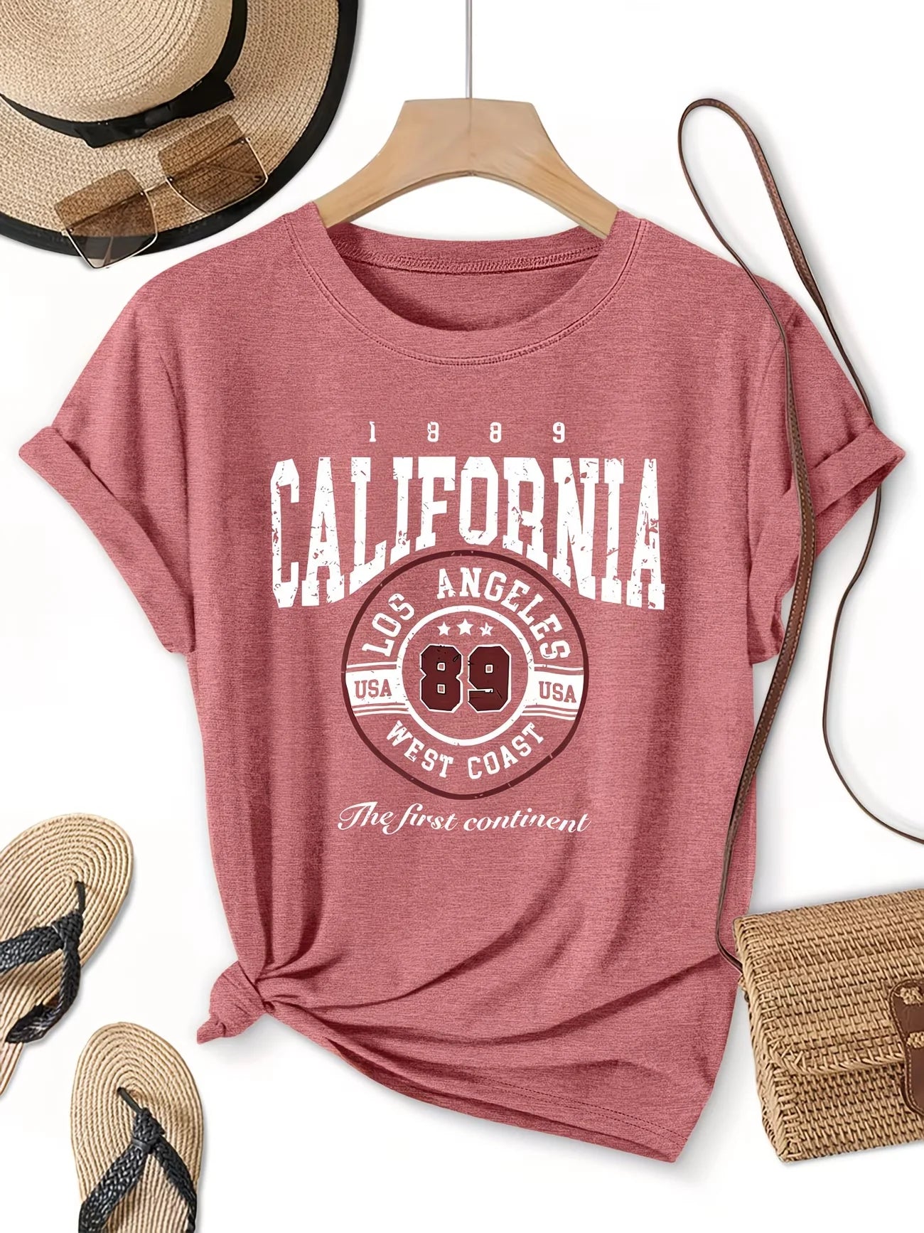 Col rond Manches courtes Style rétro américain Californie Los Angeles 89 Lettre Imprimé T-shirt Tenues décontractées pour femmes