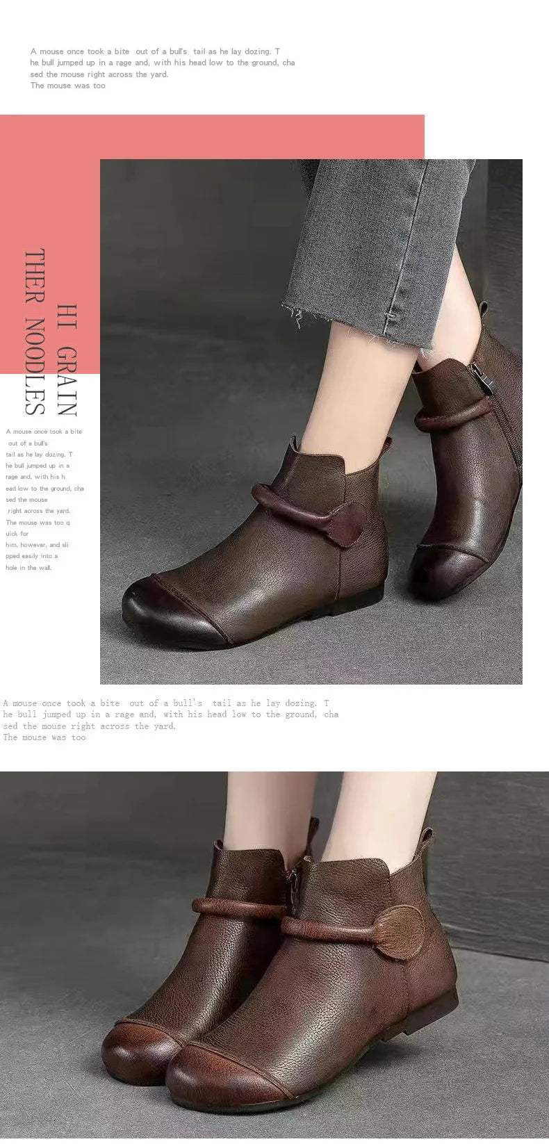 Retro Women Short Ankle Boots Autumn Winter Faux Cow Leather Slip-on Shoes Handmade Round Toe Light Weight Flat Booties