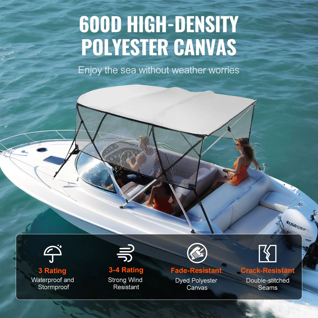 Bimini for 4-Beam Boat, Sun Tarp 243X137X231-244 Cm, Aluminum Frame 600D Polyester Canvas, Side Walls in