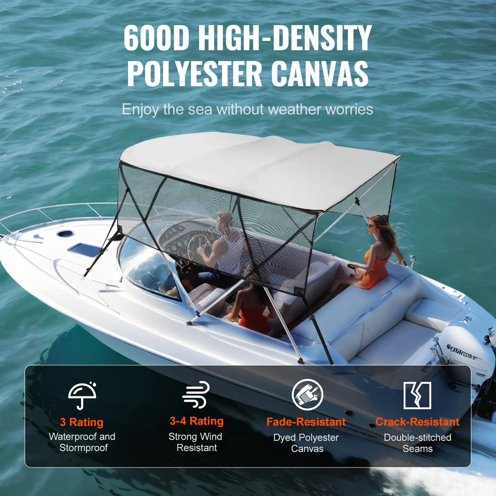 Bimini for 4-Beam Boat, Sun Tarp 243X137X231-244 Cm, Aluminum Frame 600D Polyester Canvas, Side Walls in
