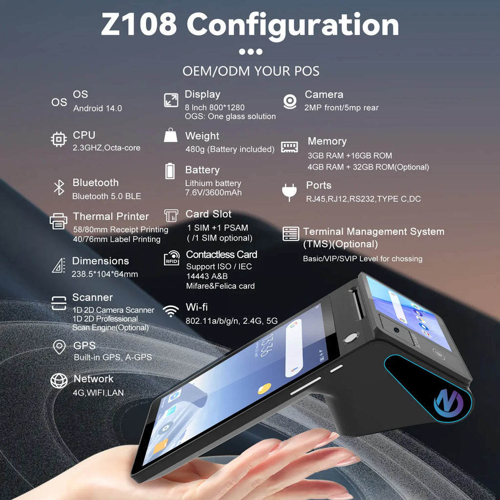 Z108 Android 14 Dual-Screen Desktop Tablet Cash Register with 8" Touch Display NFC Scanner 58/80mm Thermal Printer POS Terminal