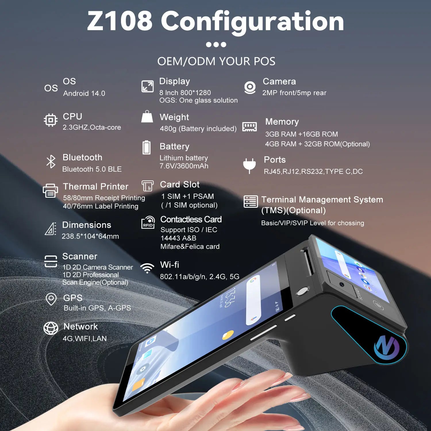 Z108 Android 14 Dual-Screen Desktop Tablet Cash Register with 8" Touch Display NFC Scanner 58/80mm Thermal Printer POS Terminal
