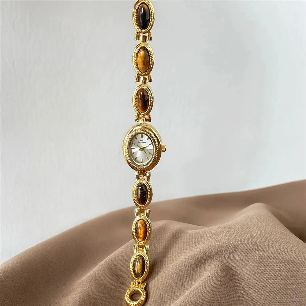 Women's Gold Watch Vintage Brown Jade Bracelet Small Dial Quartz Daily Wear Party Clock Luxury Waterproof Ladies Watches Gifts