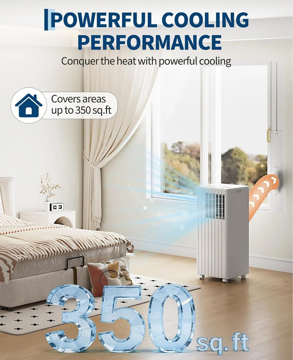 Portable Air Conditioner 8000 BTU, 3-in-1 Cool, Dehumidify & Fan, Covers Rooms Up to 350 Sq. Ft, Quiet Sleep Mode, Energy-Saving 24-Hour Timer, Includes Remote Control and Full Window Kit, White