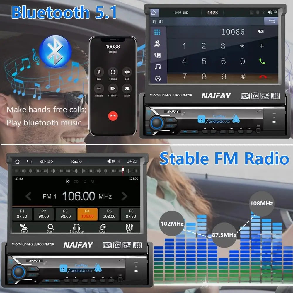 7" Flip Out Car Stereo with Carplay & Android Auto, Bluetooth, Backup Camera, FM Radio