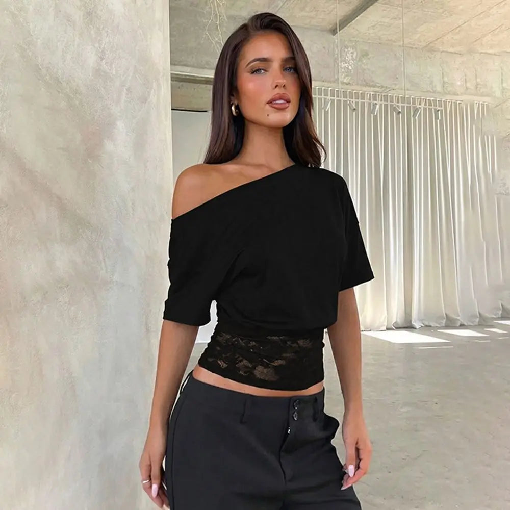 Off-Shoulder Lace Patchwork Top Waist-Defining Lace-Trimmed See Through Top See Through Fabric Sleeveless Women Tops
