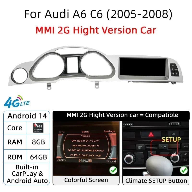 Android 14 8+128GB CarPlay For Audi A6 C6 4f 2005-2009 MMI 2G 3G GPS Car Multimedia Player Navigation Auto Radio Stereo DSP WIFI