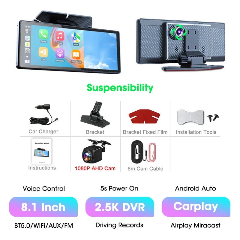 Janstie Dash Cam 4K+1080P Carplay Android Auto GPS Navigation 7/8.1 inch IPS Screen Car DVR IR Night Vision 24H Parking Monitor