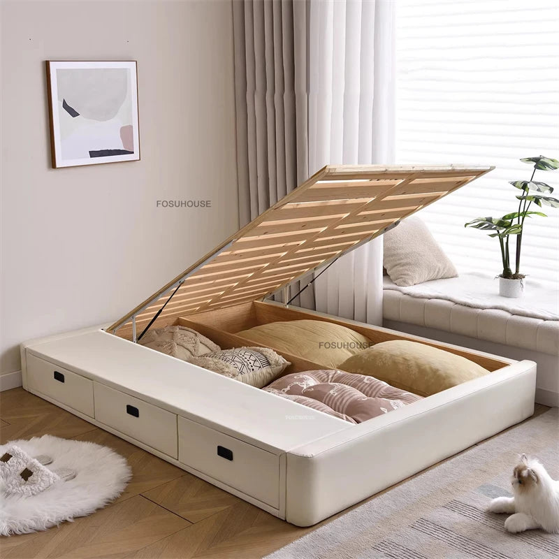 Tatami Storage Slatted Bed Small Apartment Bed Frames Home Floor-standing Solid Wood Leather Bed Frame Luxury Bedroom Furniture
