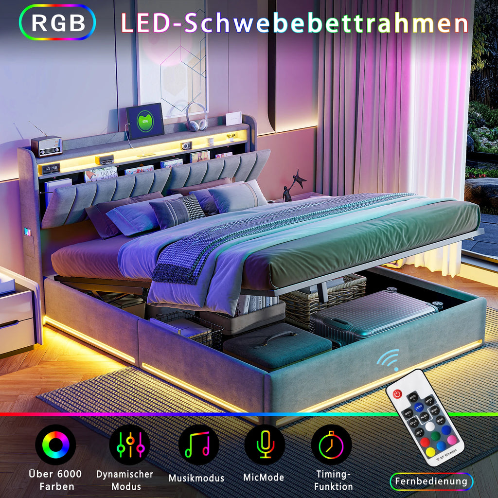 Anajqaqia 140×200 cm LED Upholstered Bed, Hydraulic Double Bed with Storage Headboard and Slatted Frame, USB charging, Velvet