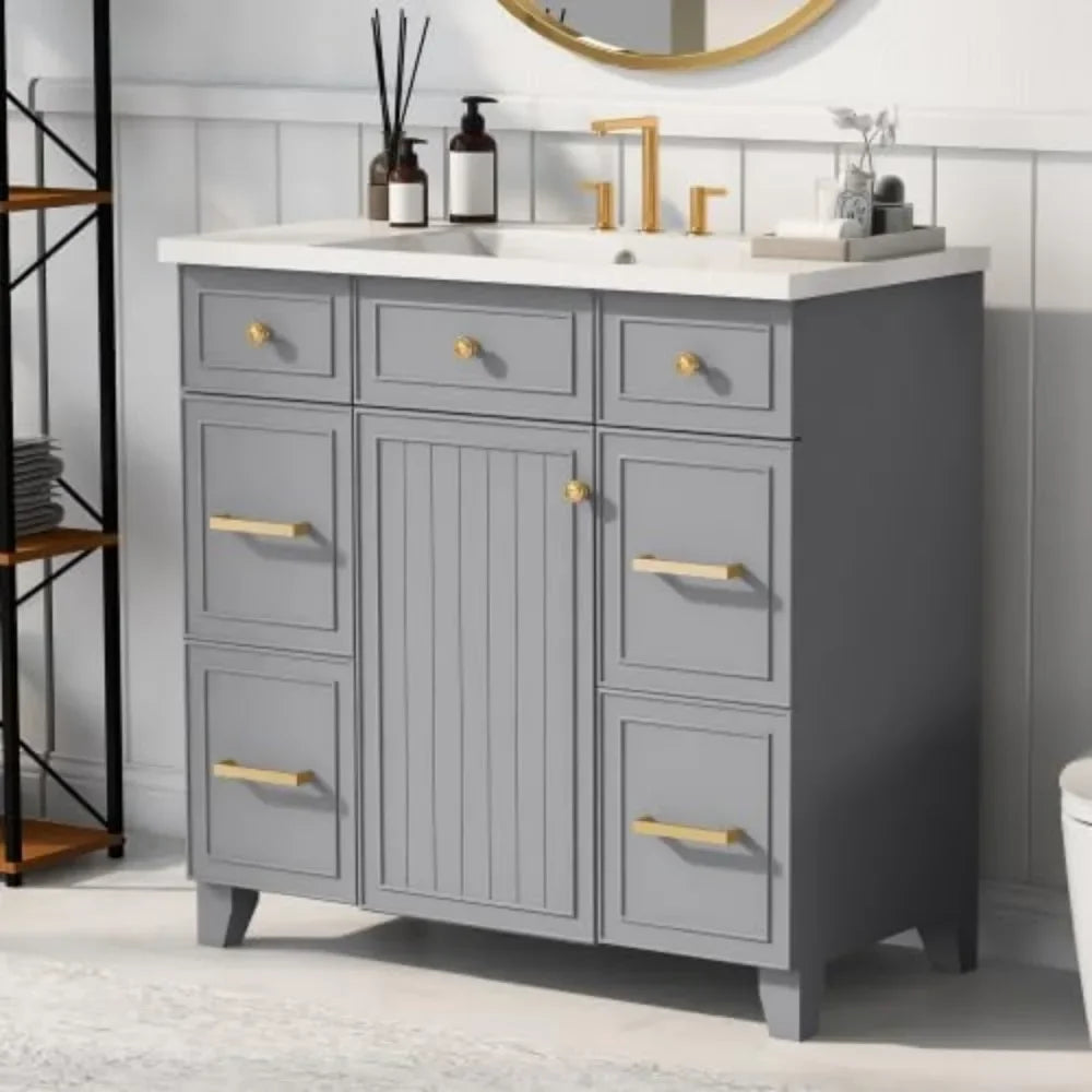 36" Bathroom Vanity with Sink Top, Solid Wood Bathroom Cabinet with Undermoun
