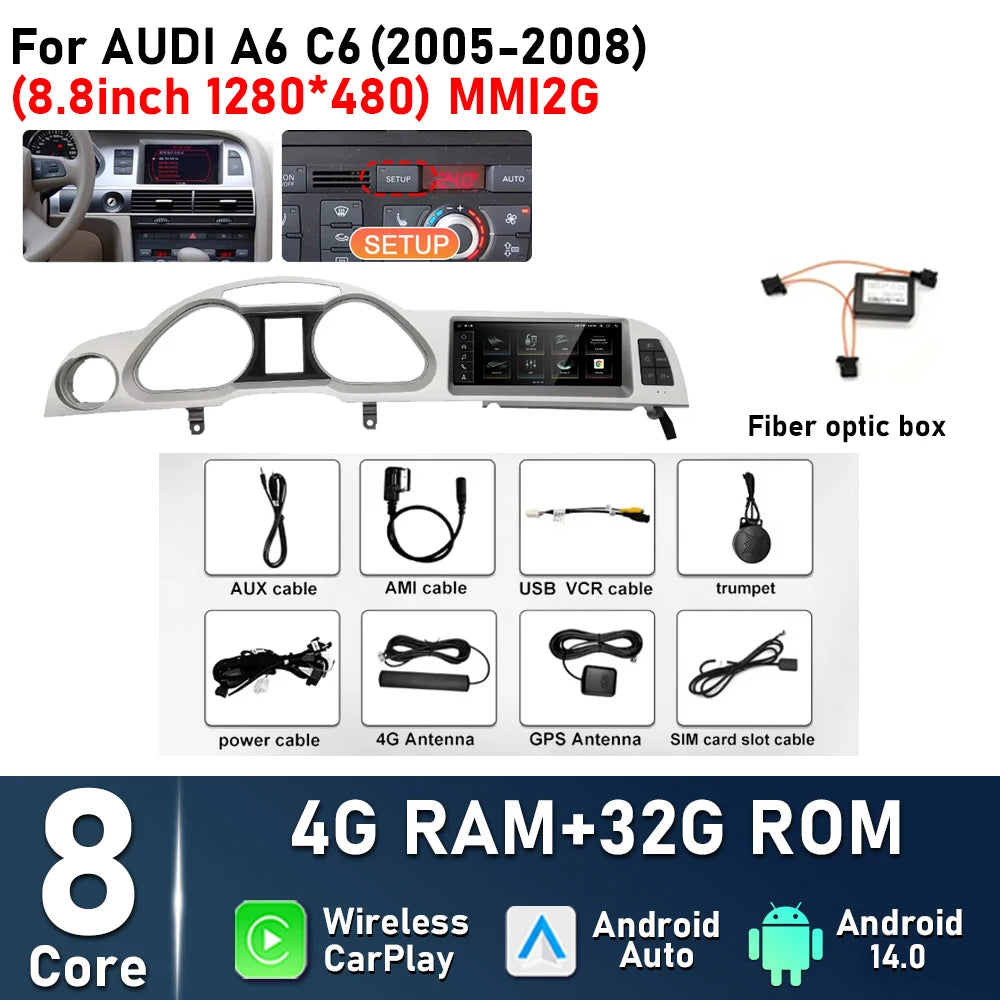 8.8inch Android 14 For Audi A6 C6 2005 - 2008 MMI 2G 2009 - 2011 MMI3G Car Radio Multimedia Player Navigation GPS Stereo CarPlay