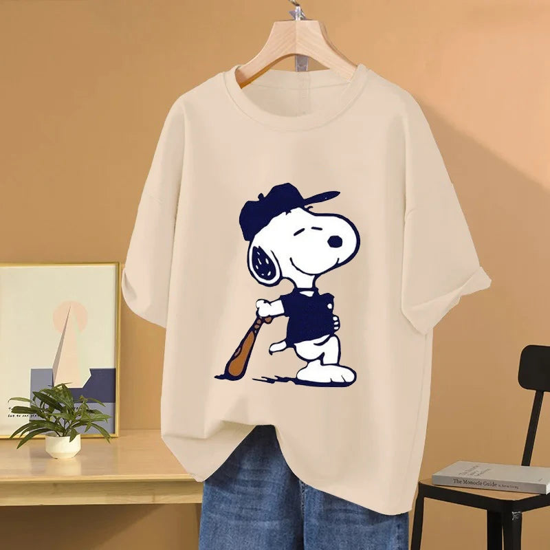 Snoopy Baseball Cartoon Anime Women T-shirt Summer Short Sleeve 100% Cotton Men Tee Shirts Tops 2025 New Fashion Couple Clothes