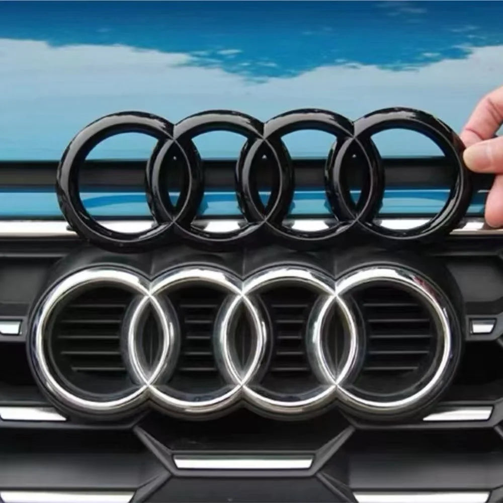 Audi black/silver four ring ABS front hood grille, rear luggage badge sticker, suitable for Audi A1 A3 A4 A5 A6 A7 A8 Q5 Q7 Q8