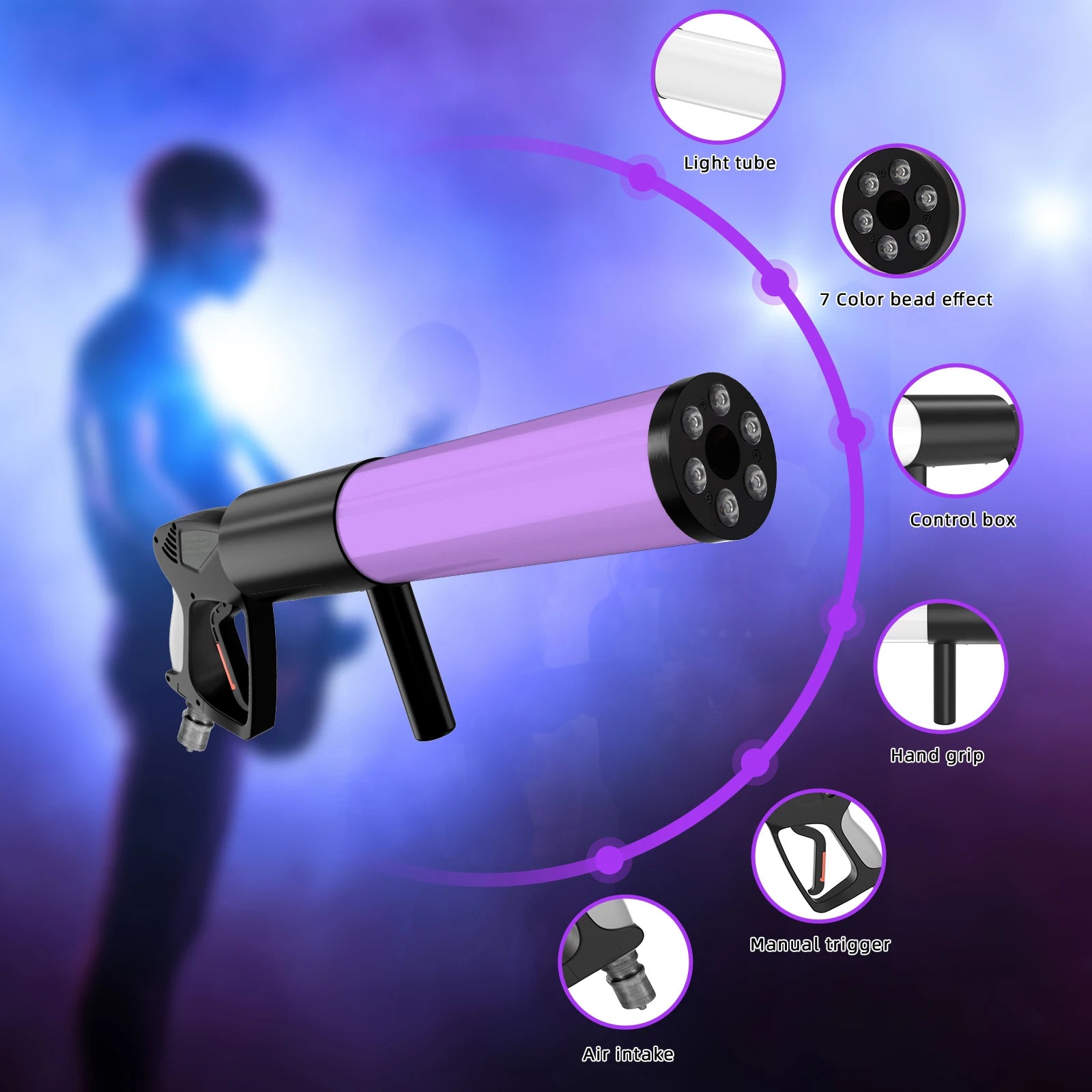 U'King LED Six Lights Carbon Dioxide Column Gun RGB Atmosphere Props Smoke Gun Dry Ice Gun For Bar Wedding Business Show Party