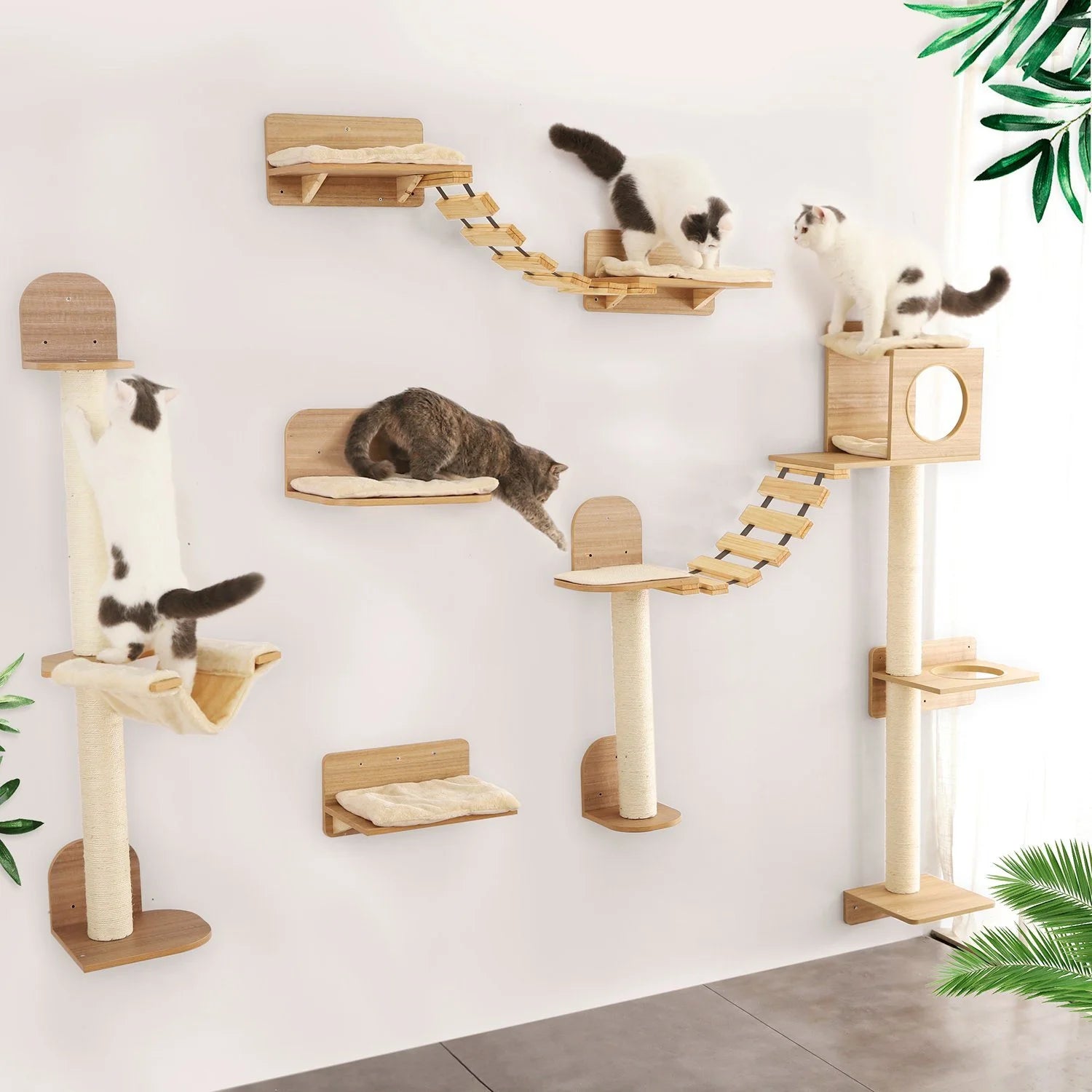 Wall Mounted Cat Climbing Shelves Cat House Cat Bridge Cat Hammock with Scratching Post and Pedals or Stairway for Kittens