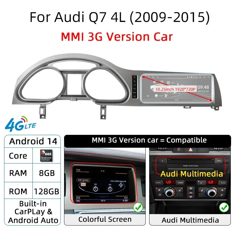 Android 14 8+128GB CarPlay For Audi Q7 4L 2005-2015 MMI 2G 3G GPS Car Multimedia Player Navigation Auto Radio Stereo DSP WIFI