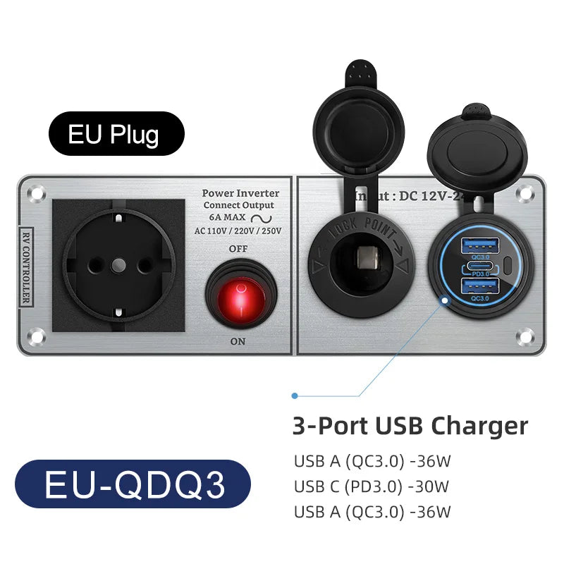 Chargeur de voiture multifonctionnel onduleur à panneau en aluminium AC110V 220V double port USB QC3.0 12V 24V pour VR, yacht, remorques de voyage
