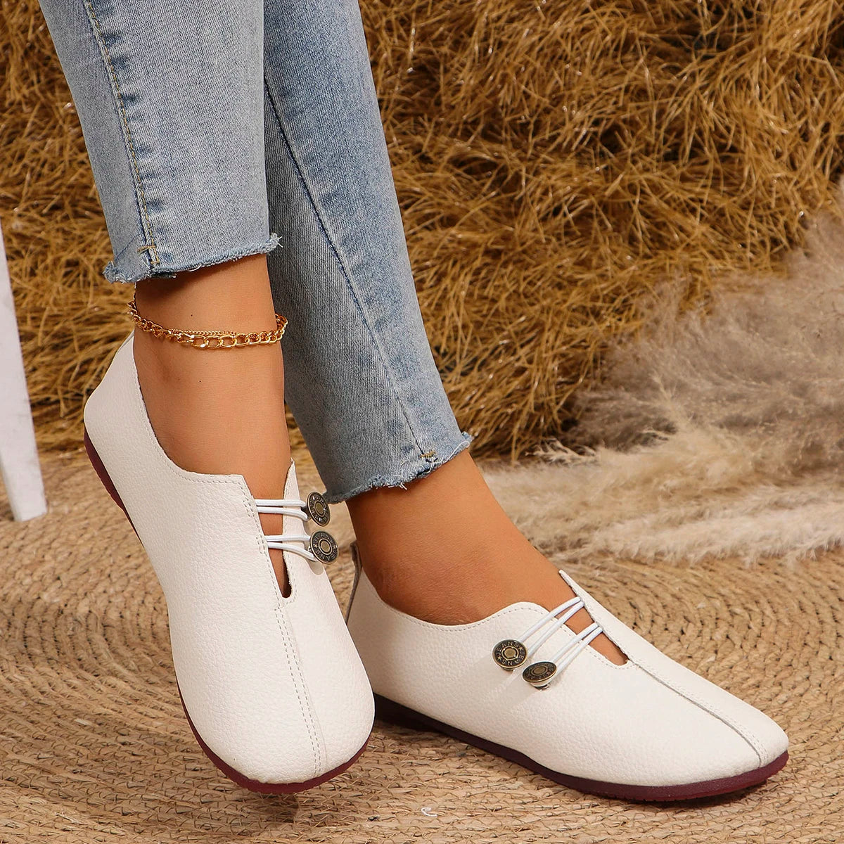 Women's Slip-On Soft Leather Loafers, Elastic Strap with Metal Buttons, Casual Flat Shoes for All Seasons
