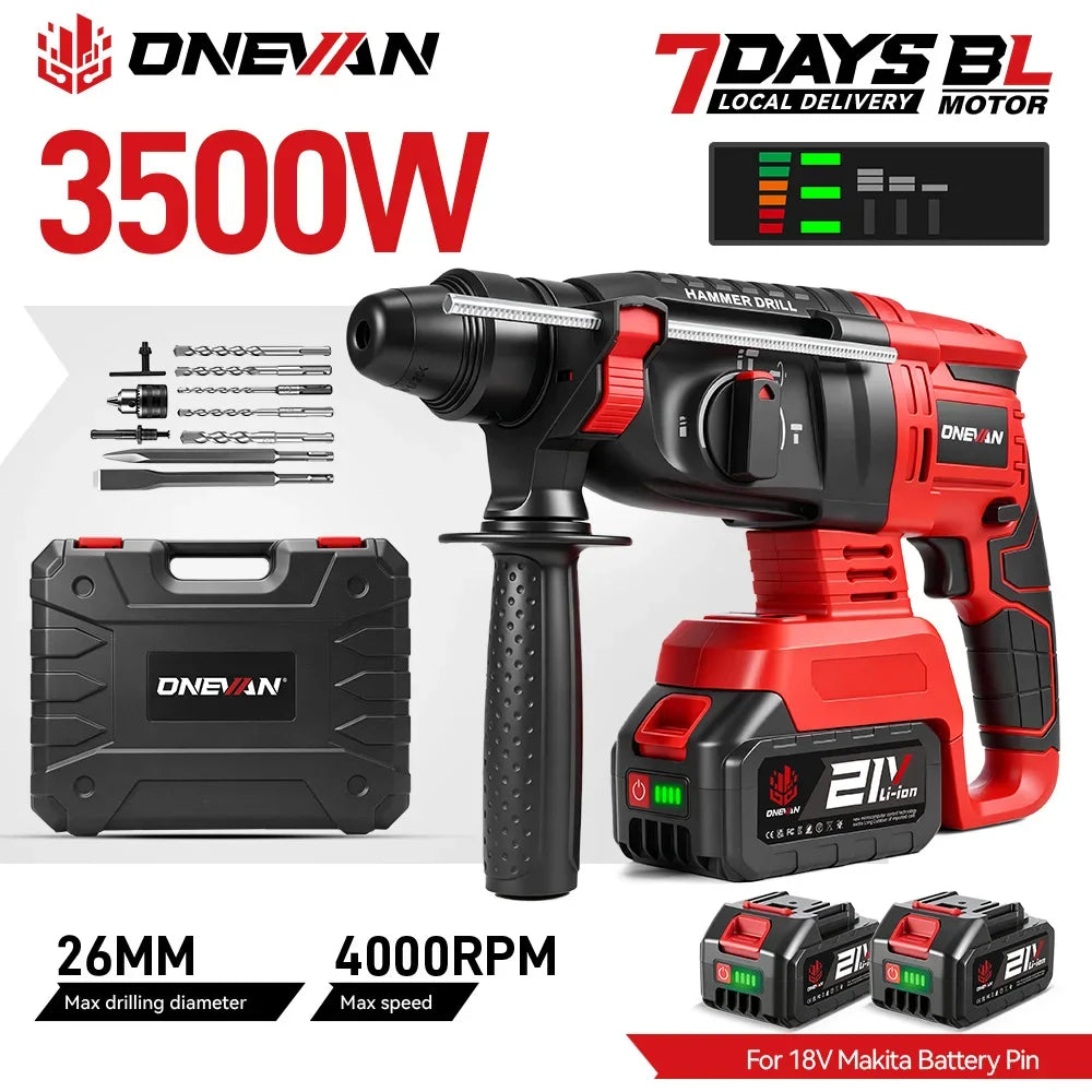 ONEVAN 3500W Brushless Electric Rotary Hammer 4000RPM Cordless Portable Impact Drill Screw Power Tool For Makita 18V Battery Pin