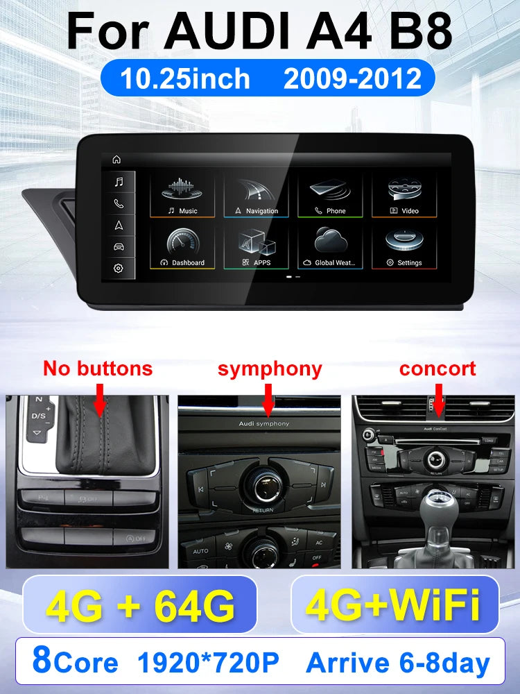 For Audi AUDI A4 B8 2009 20110 2011-2016 10.25-inch car radio multimedia player Android 15 Wireless Carplay stereo DSP 4G WiFi
