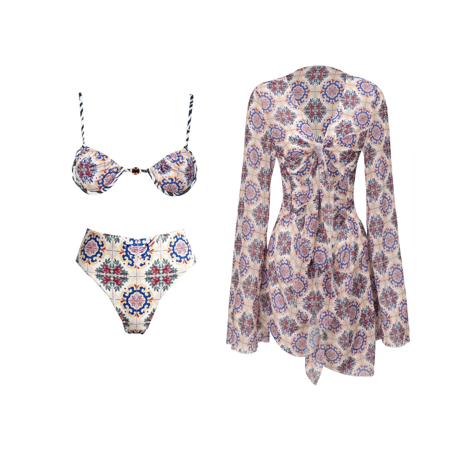 Maillot de bain 3 pièces push-up 2026 à imprimés rétro avec pantalon en maille, maillot de bain sexy pour femme, paréo de plage à bretelles