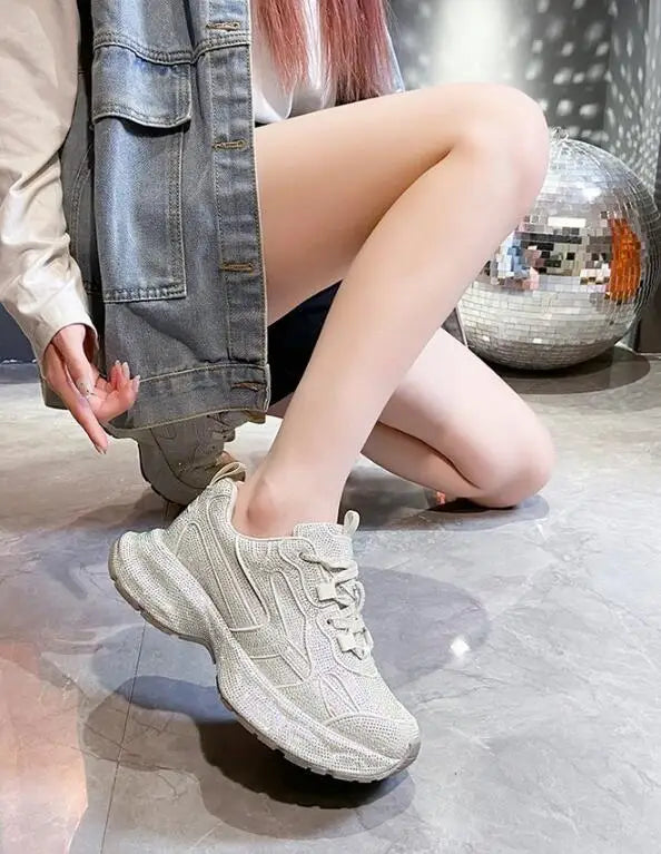 Luxury Women Bling Running Shoes Chunky Sneakers Fashion Casual Genuine Leather Breathable Height Increased Flat Platform Shoe