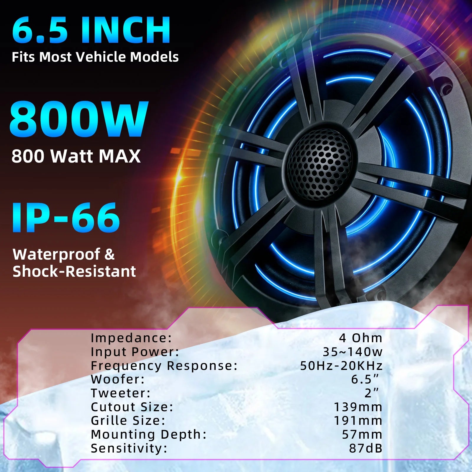 1pcs 6.5 Inch Marine Speaker 800W Coaxial Speaker Colorful HIFI Light Waterproof IP-66 Loudspeaker For RV Yacht Fishing Boat