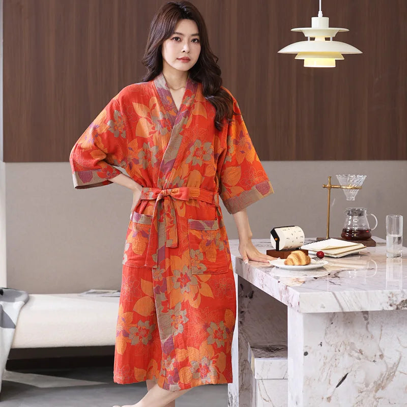 Spring and Summer Thin Cotton Double-layer Bathrobe Pajamas Home Wear Ladies's Absorbent Quick Drying Yukata Robes
