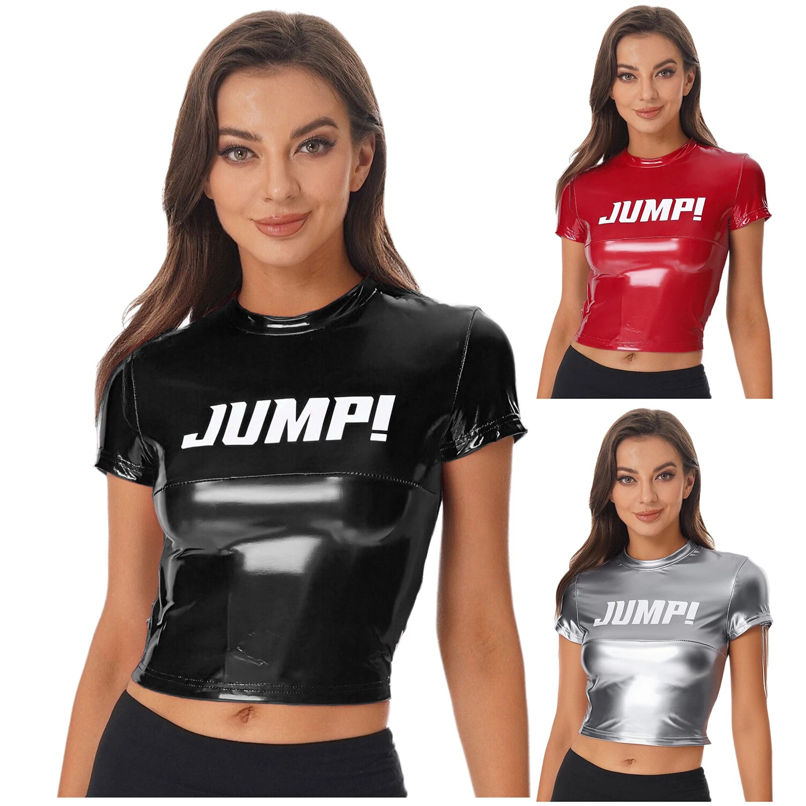 Haut court élégant et brillant à imprimé lettre pour femme, pour festival, fête, col rond, manches courtes, pull, chemise courte et ajustée pour club