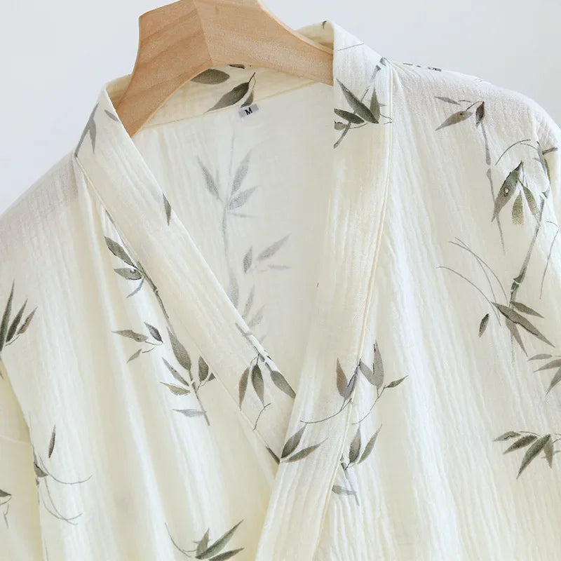 Cotton Fabric Bamboo Printed Sleepwear Bathrobes for Women Spring and Summer Double-layer Thin Home Clothing Pyjamas Robes