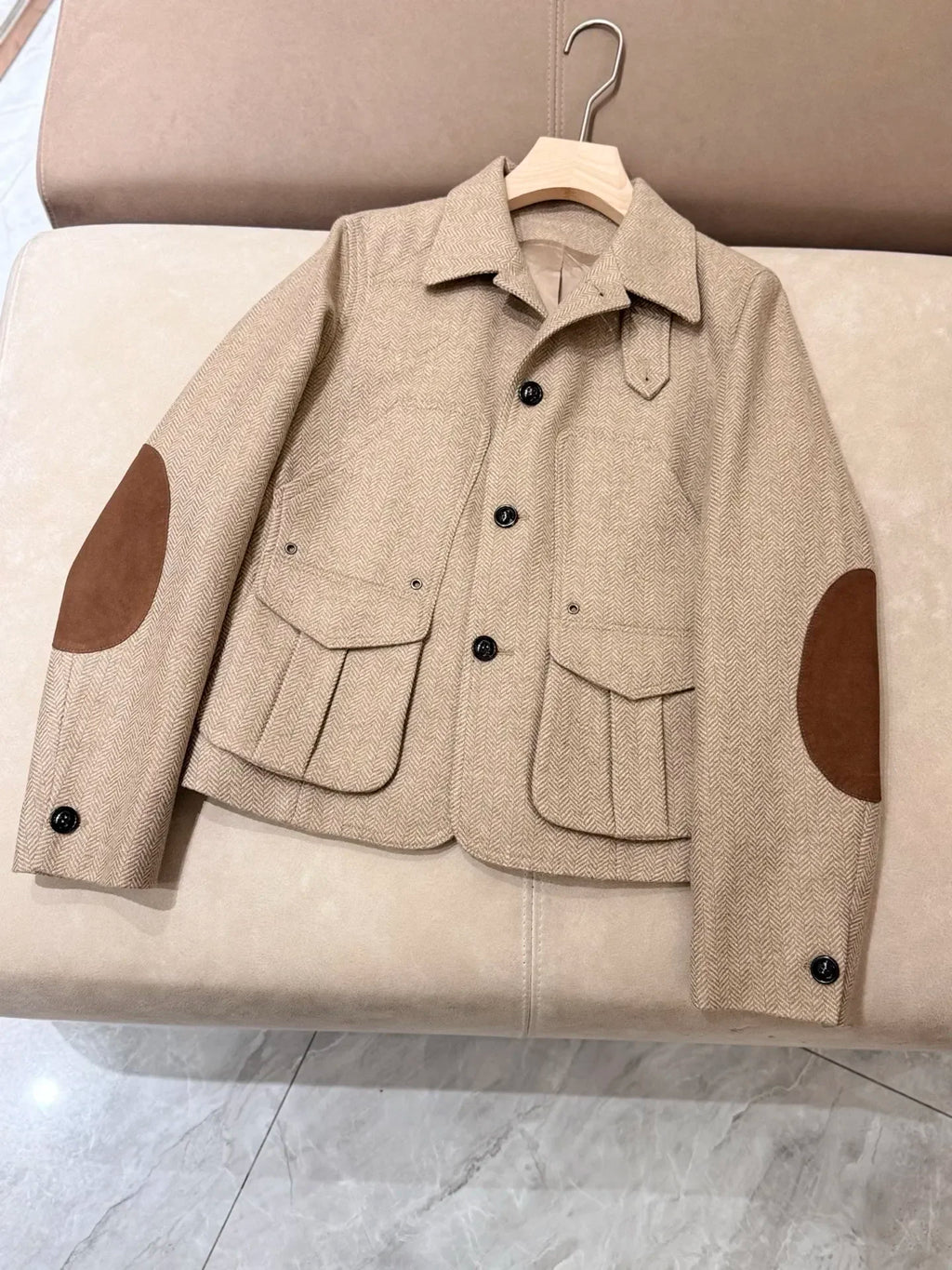 Elegant khaki spliced brown long sleeved lapel single breasted jacket autumn new clothing silk wool blend women's jacket