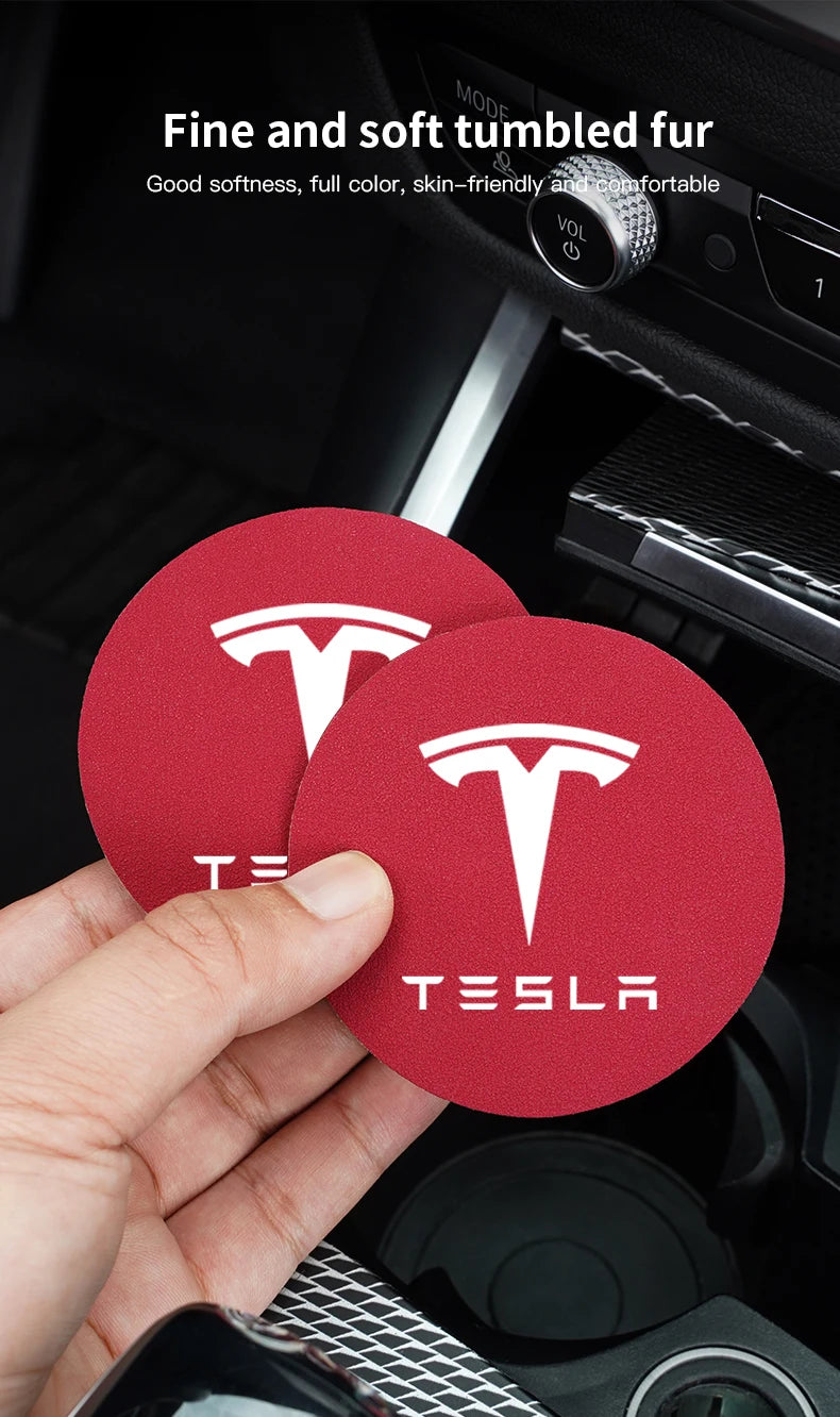 2Pcs Car Coaster Suede Mat Water Cup Anti-slip Pad Auto Interior For Tesla Model 3 Highland 2023 Model S Model X Model Y