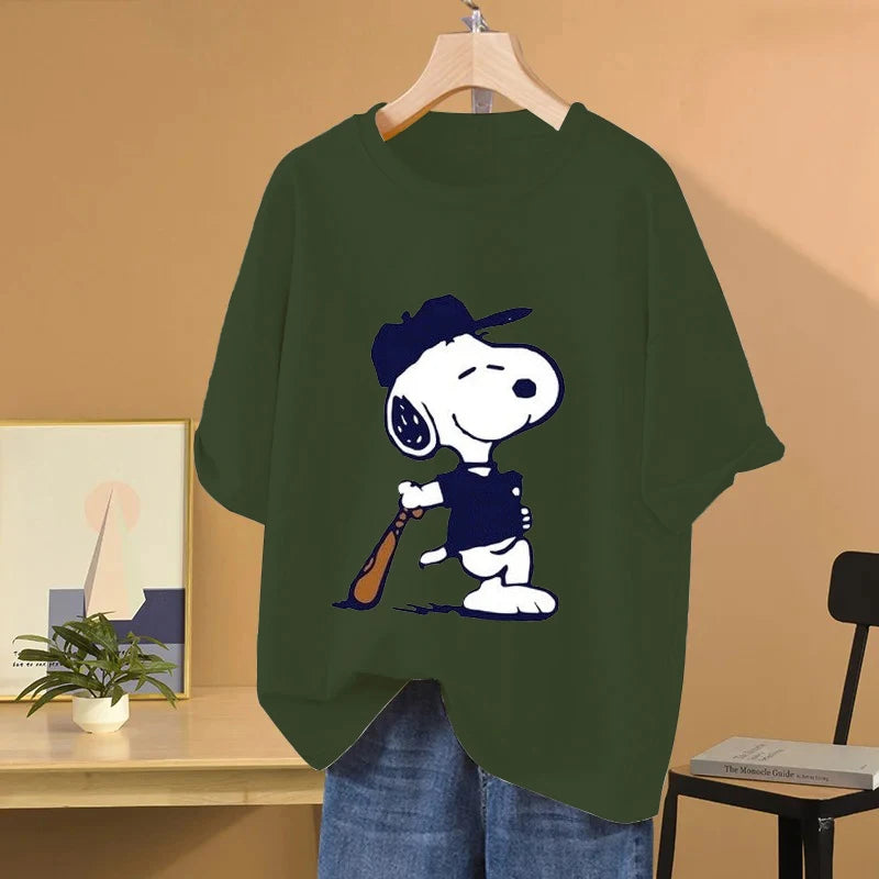 Snoopy Baseball Cartoon Anime Women T-shirt Summer Short Sleeve 100% Cotton Men Tee Shirts Tops 2025 New Fashion Couple Clothes