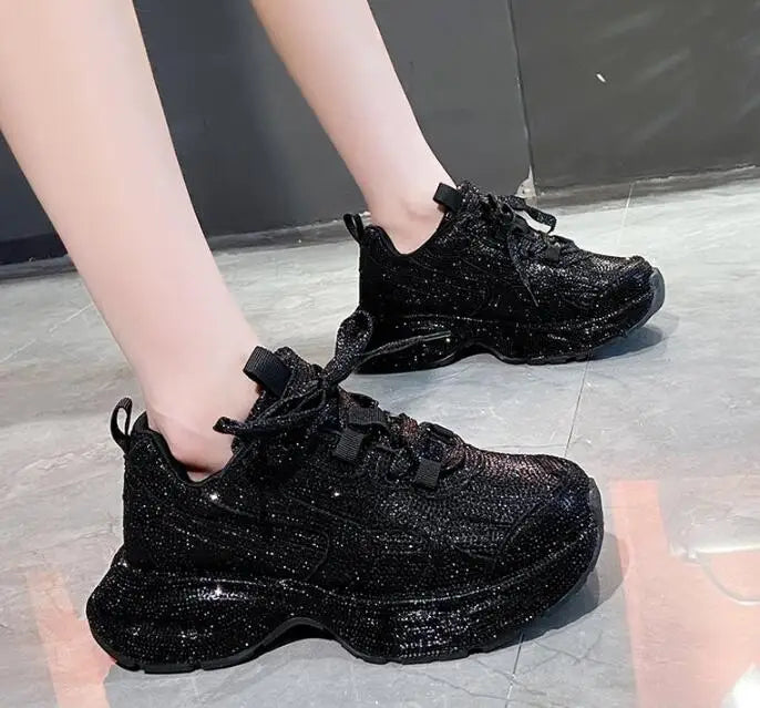 Luxury Women Bling Running Shoes Chunky Sneakers Fashion Casual Genuine Leather Breathable Height Increased Flat Platform Shoe