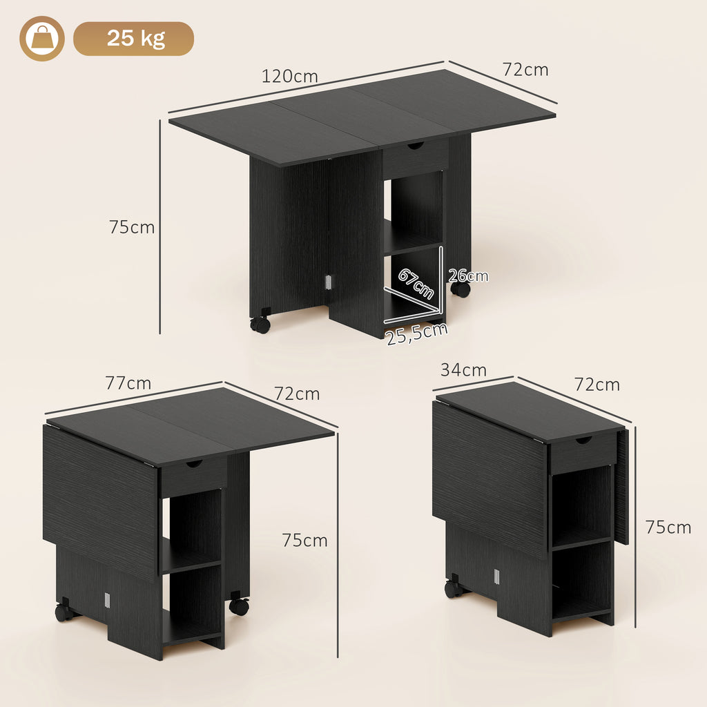 Table à Manger Pliante, Table de Cuisine Extensible pour 2 à 4 Personnes, 2 Abattants, 120 x 72 x 75 cm, Noir