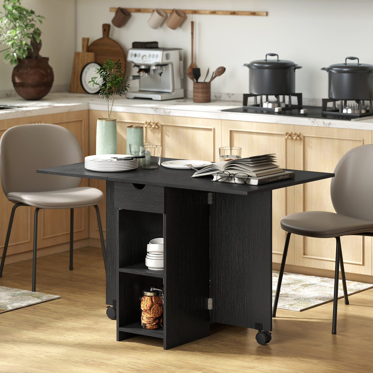 Table à Manger Pliante, Table de Cuisine Extensible pour 2 à 4 Personnes, 2 Abattants, 120 x 72 x 75 cm, Noir
