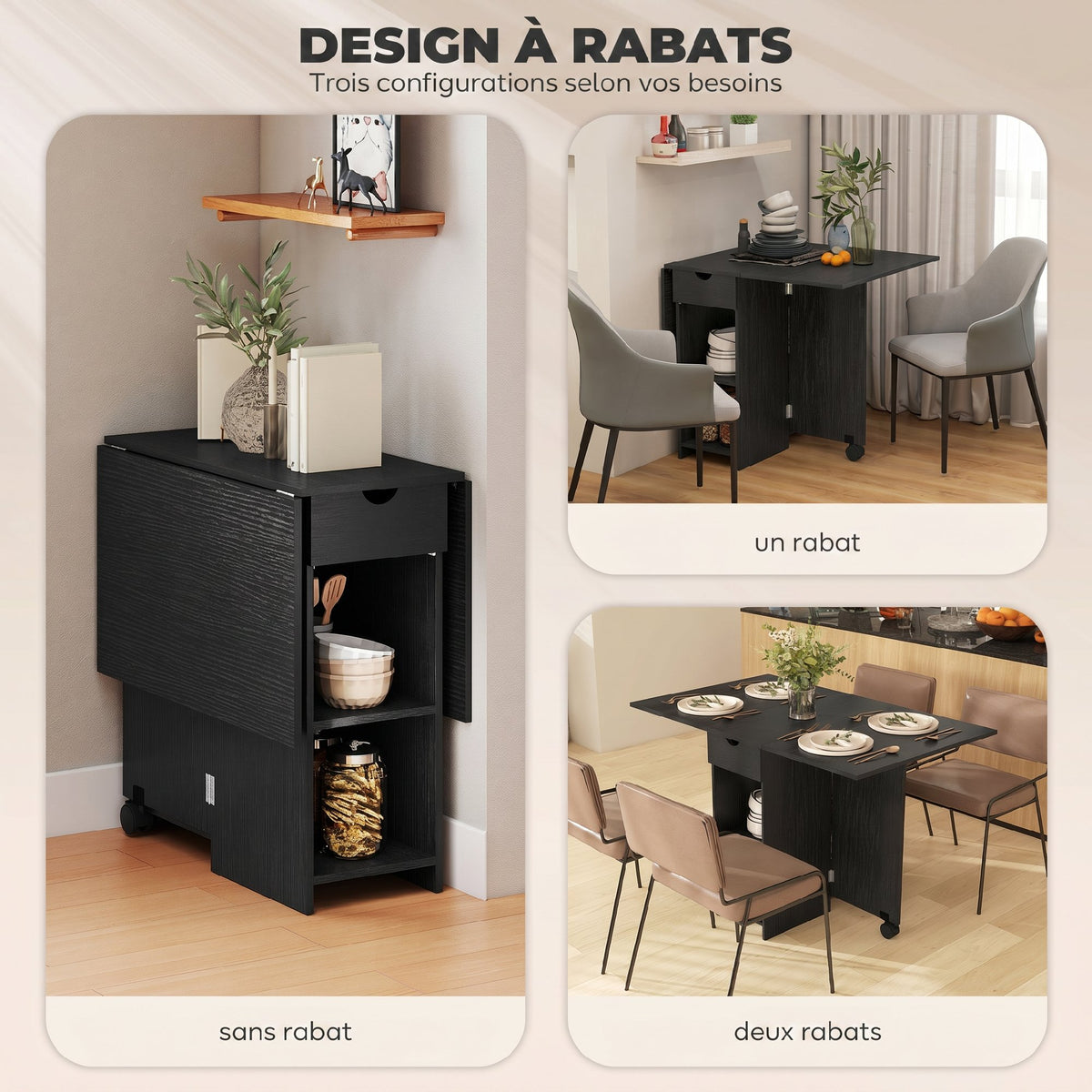 Table à Manger Pliante, Table de Cuisine Extensible pour 2 à 4 Personnes, 2 Abattants, 120 x 72 x 75 cm, Noir