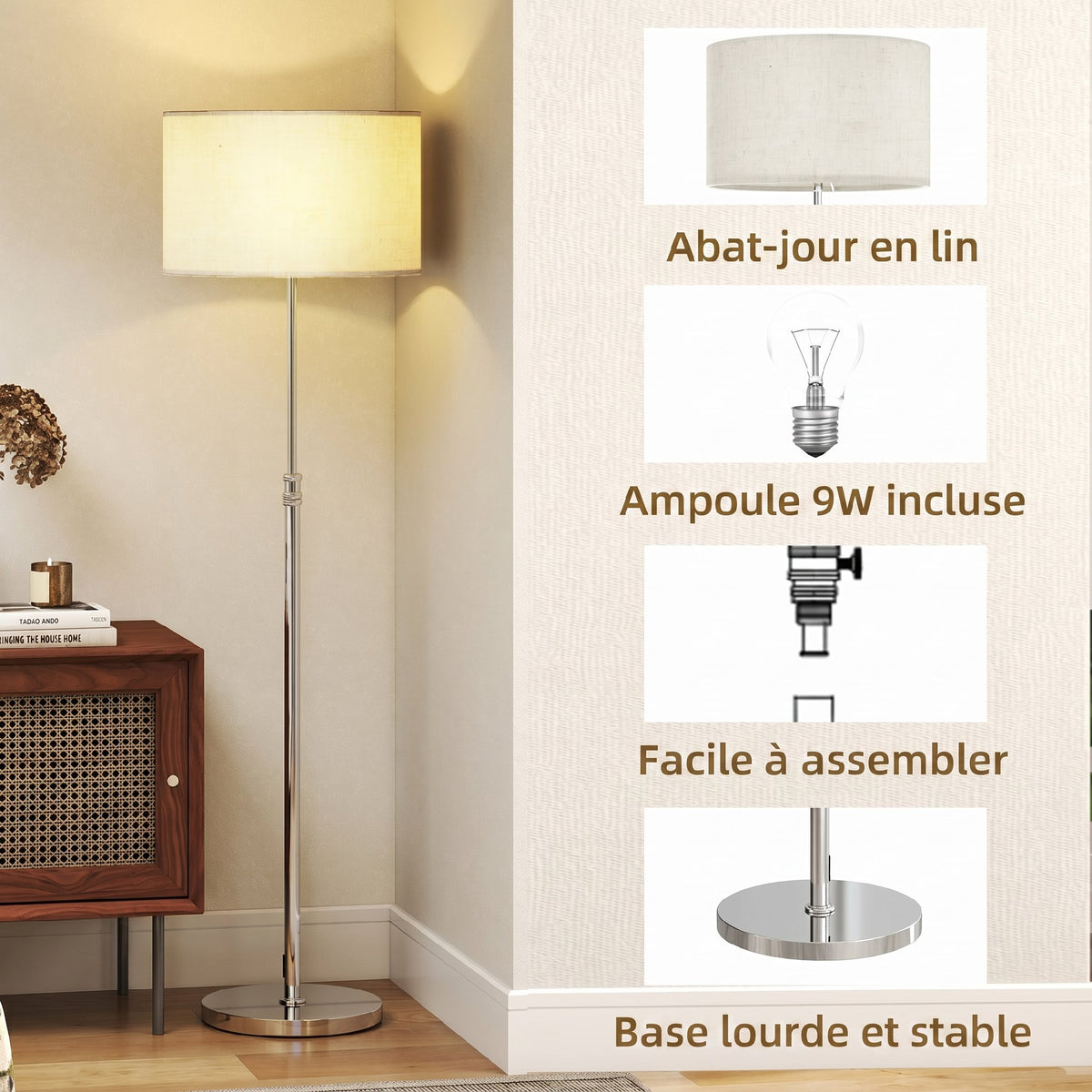 Lampadaire sur pied salon, lampe sur pied dimmable avec télécommande, abat-jour en lin, hauteur réglable 133-168cm, argent
