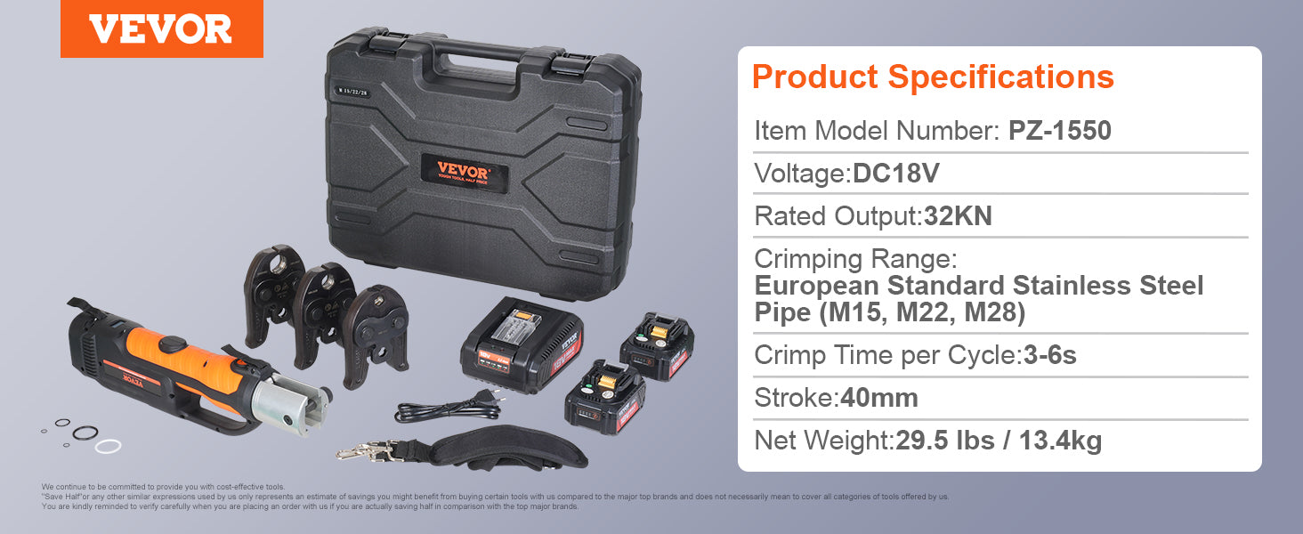 VEVOR Press Tool Kit Electric Pipe Crimping Tool with M15 M22 M28 Jaws with 4.0Ah Battery Pipe Crimping Tools Carrying Case